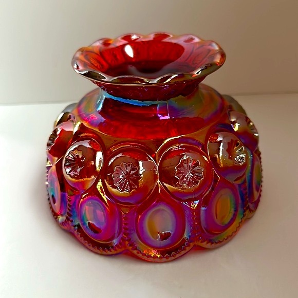 L E Smith Moon and Stars Iridescent Ruby Red Orange Carnival Glass Bowl 6” - Picture 4 of 9